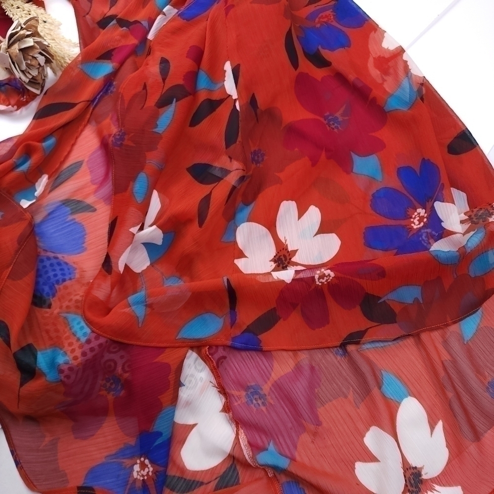 CHAPS Reddish Orange Blue Floral Dress Size 4 - Picture 6 of 15